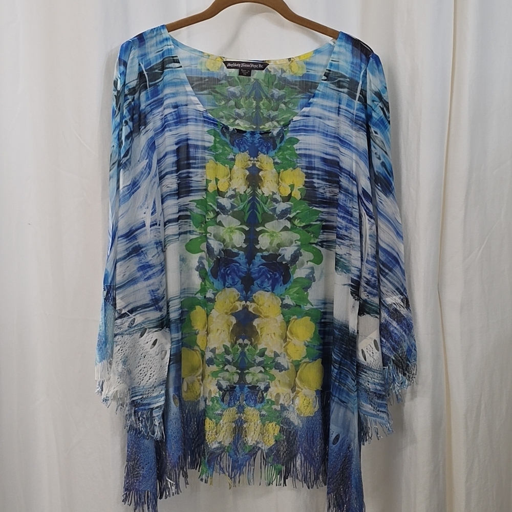 Mushka 1X Georgette Laser Cut Handkerchief Hem Sublimation Blouse Top Blue Boho